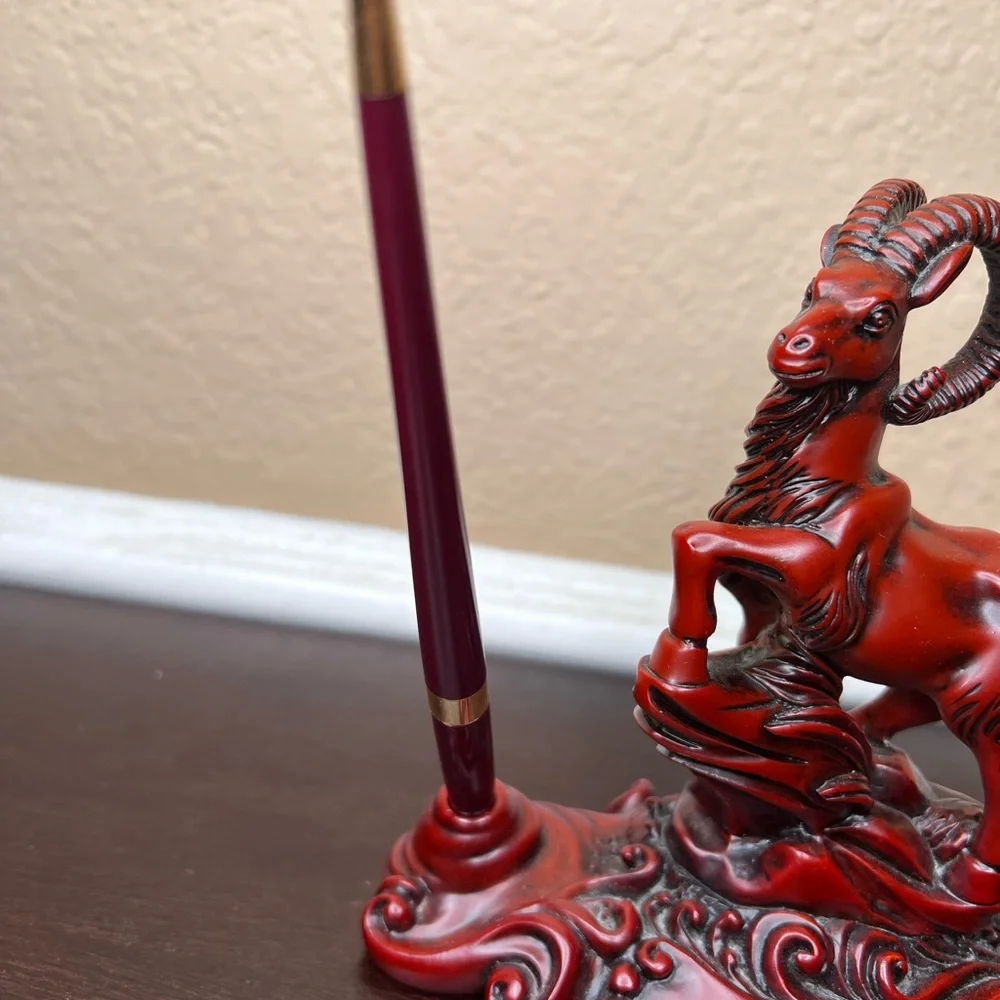 Vintage Red Resin Goat Pen Holder, Mandarin Product, Double Pen Stand